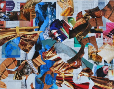 Ref: 02.61 Pièces de magazine et journal collées sur papier. Pieces of magazine and newspaper stuck on cardboard 50/65 cm 