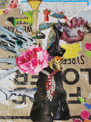 Ref : 15.19 Collage de piéces de magazine sur affiches déchirées. Collage of cut pieces of magazine on torn posters stuck on cardboard.  50/65 cm