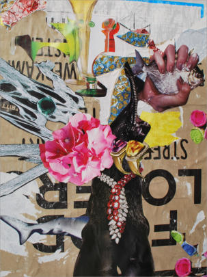 Ref : 15.19 Collage avec pièces de magazine sur affiches déchirées collés sur carton. Collage of cut pieces of magazine on torn posters.   50/65 cm